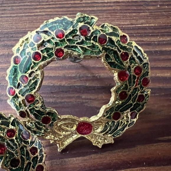 Gold Tone Stud Earrings Candy Canes Bow And Red & Green Wreath Christmas Holiday - Picture 9 of 10